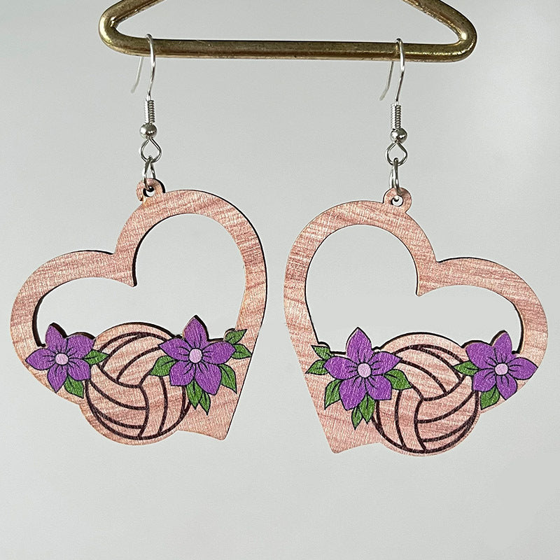 Wholesale 2pairs/pack Sports Balls Wooden Flower Hollow Love Sunflower Earrings
